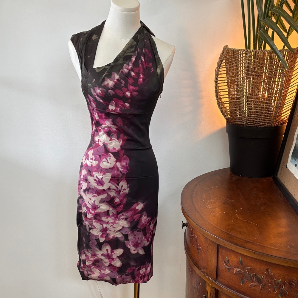 KAREN MILLEN Elegant Black and Pink Floral Dress 4